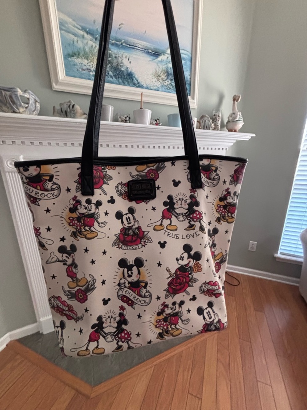 Loungefly Disney Mickey Mouse love tattoo Pattern Tote Bag - Cream, Red, Black